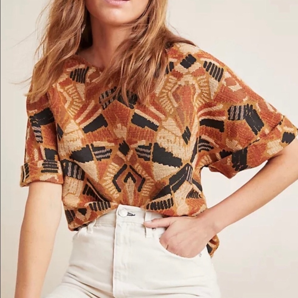 Anthropologie Geometric Patterned Blouse - Orange and Black
